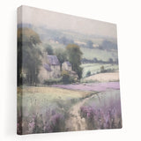 Stretched canvas wall art depicting a serene countryside landscape, showcasing lush green fields, rolling hills, and a vibrant blue sky. Perfect for home decor.