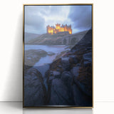 Framed acrylic landscape artwork depicting a serene countryside scene with vibrant colors and gold accents, perfect for home decor.