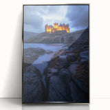 Framed acrylic artwork showcasing a serene countryside landscape with vibrant greenery, blue skies, and silver accents. Ideal for home decor or office spaces.