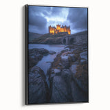 Framed canvas showcasing a serene countryside landscape with vibrant green fields and a blue sky, presented in a sleek black frame, ideal for home decor.