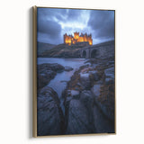 Framed canvas artwork showcasing a serene countryside landscape with vibrant greenery and a golden frame, enhancing home decor aesthetics. Perfect for nature lovers.