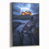 Framed canvas artwork depicting a serene countryside landscape, featuring lush green fields and a tranquil sky, showcased in a silver frame from a side view.