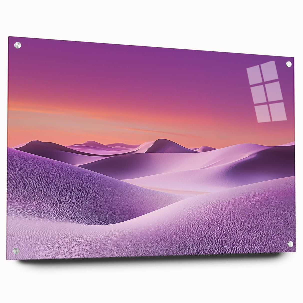 Acrylic and glass landscape artwork depicting a vibrant desert scene, showcasing rich colors and intricate details, displayed from a side view with decorative pins.