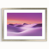 Framed landscape artwork depicting a serene desert scene, featuring warm earthy tones and a silver mat, perfect for modern home decor.