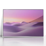 Framed acrylic artwork showcasing a vibrant desert landscape with orange and pink hues, set in a sleek white frame, perfect for home decor.