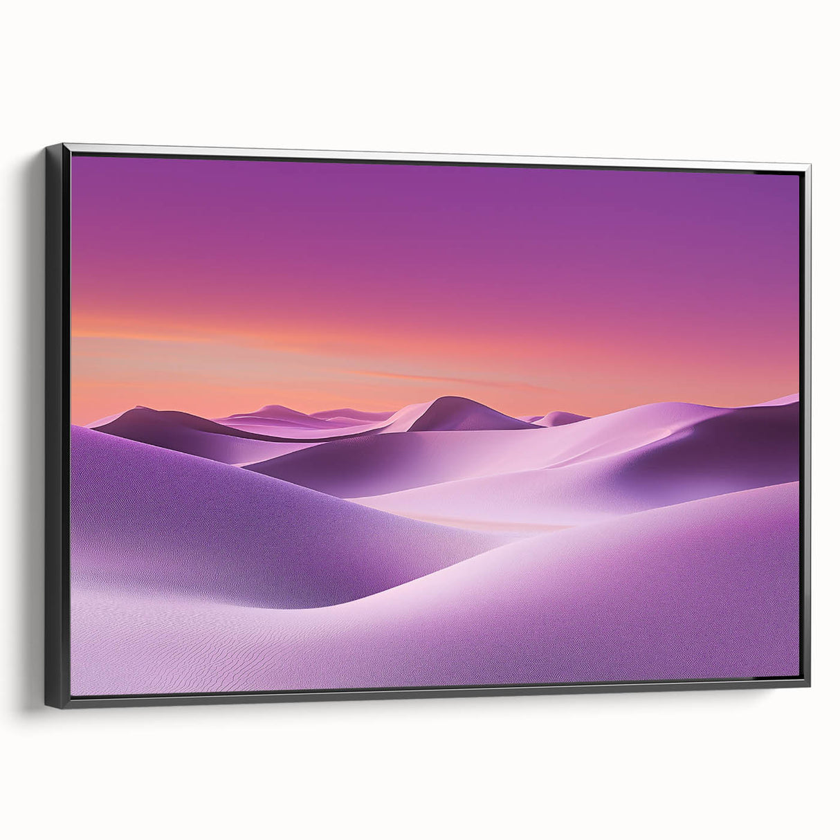 Framed canvas artwork depicting a serene desert landscape with vibrant hues of orange and yellow, showcasing a black frame and side view for modern decor. Perfect for enhancing living spaces or offices with a touch of nature-inspired elegance.