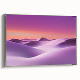 Framed canvas artwork depicting a serene desert landscape with warm earth tones, featuring silver accents and a sleek side view, perfect for modern decor.