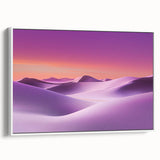 Framed canvas art depicting a stunning desert landscape with vibrant hues of orange and blue, showcasing a serene sunset over sand dunes with a white frame.