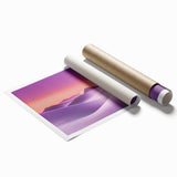 Desert landscape rolled canvas print showcasing vibrant sunlit dunes and a clear blue sky, elegantly packaged in a protective cardboard tube for shipping.