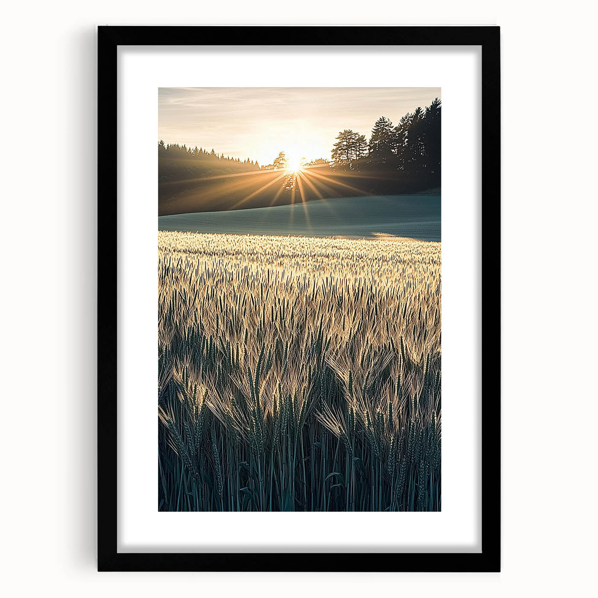 Framed landscape artwork featuring vibrant fields under a clear blue sky, presented in a sleek black frame with a white mat, ideal for home decor.