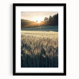 Framed landscape artwork featuring vibrant fields under a clear blue sky, presented in a sleek black frame with a white mat, ideal for home decor.