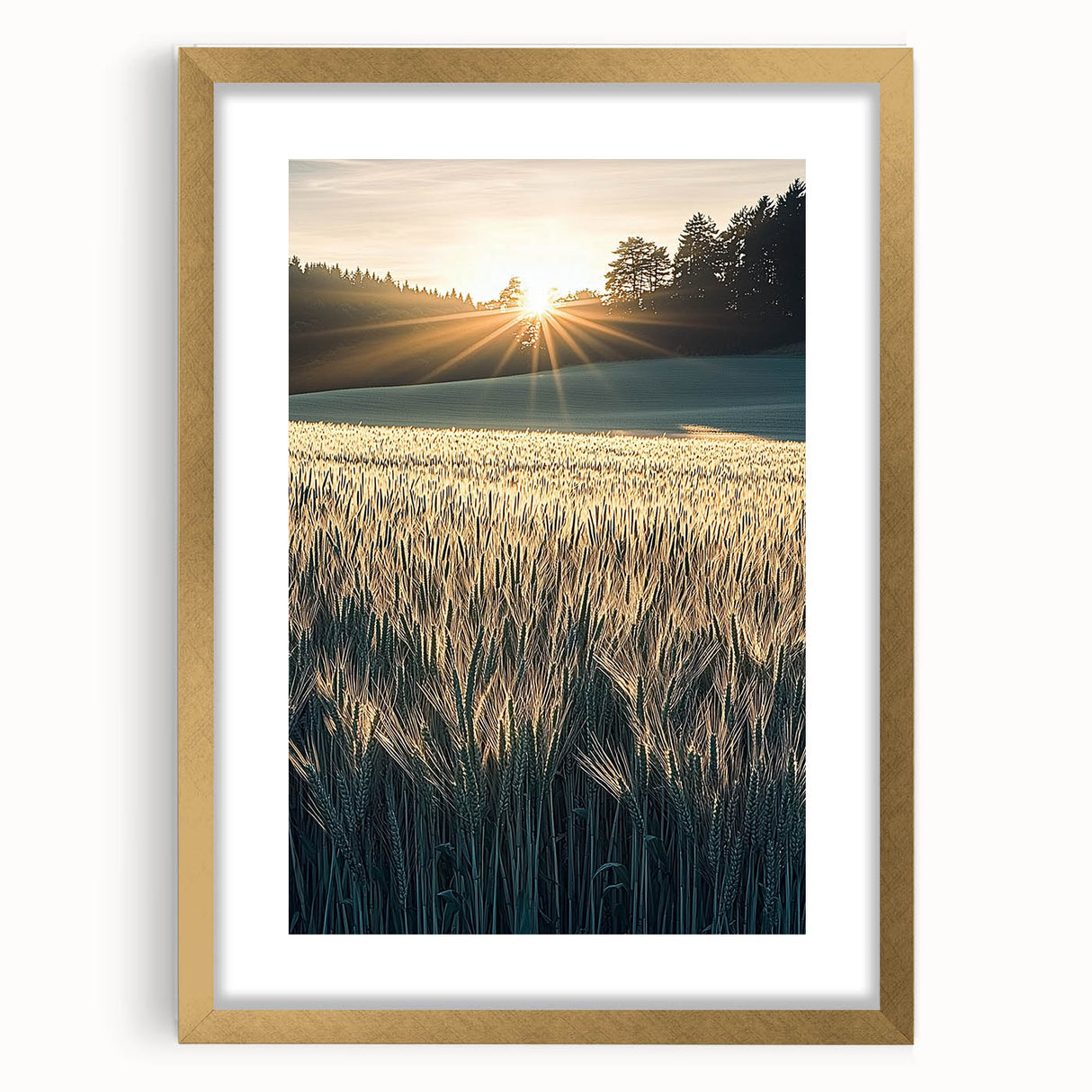 Elegant gold-framed landscape artwork featuring serene fields, showcasing vibrant greens and soft blues with a mat border, ideal for home decor enhancement.