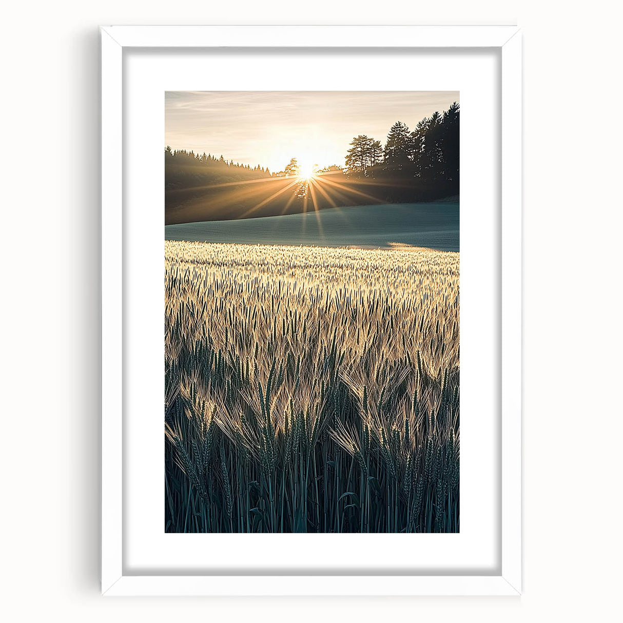 White-framed landscape artwork featuring vibrant green fields and a clear blue sky, elegantly matted for a polished look, perfect for home decor enhancements.