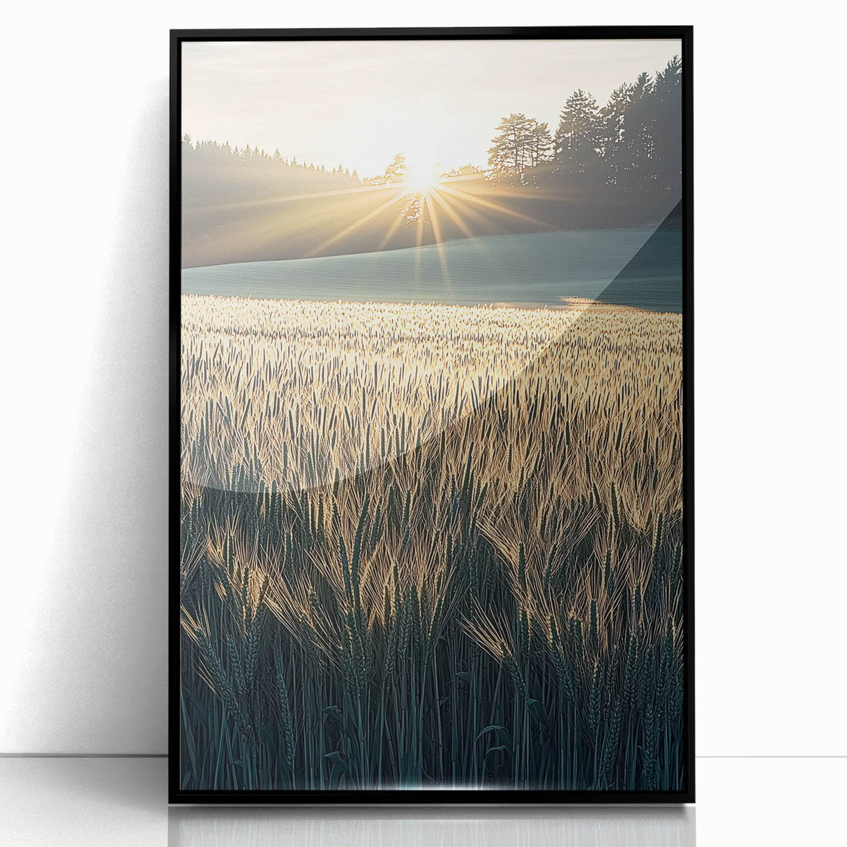 Framed acrylic artwork showcasing a vibrant landscape with fields in rich green hues, set against a sleek black frame, ideal for modern home decor.