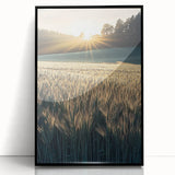 Framed acrylic artwork showcasing a vibrant landscape with fields in rich green hues, set against a sleek black frame, ideal for modern home decor.