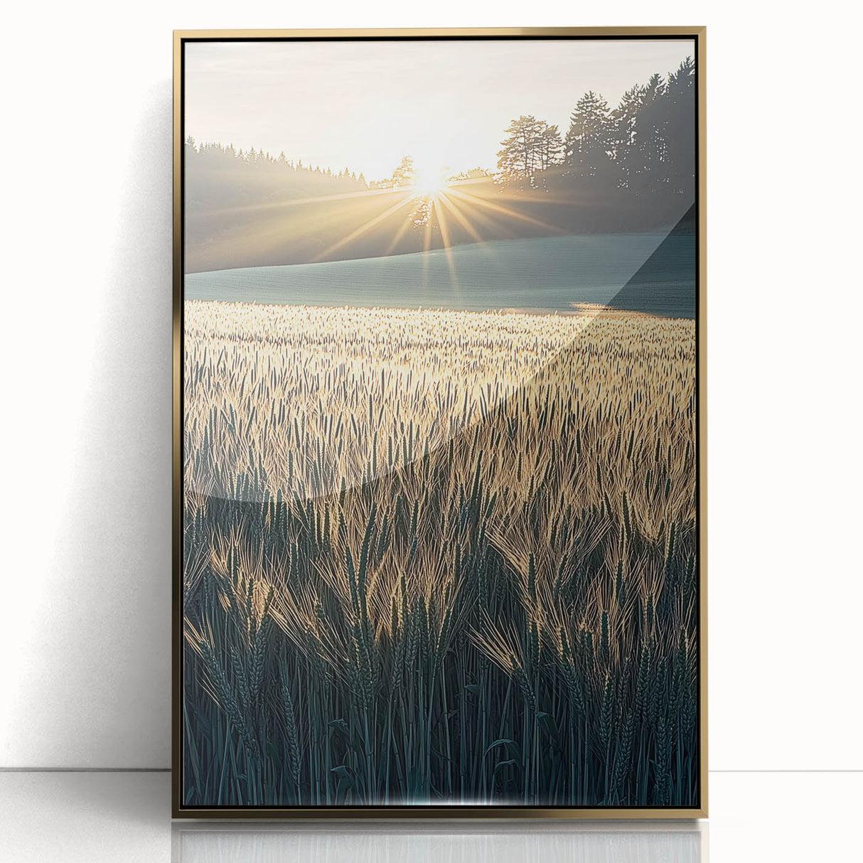 Framed acrylic artwork showcasing a vibrant landscape scene with golden accents, set against a sleek black frame, perfect for modern home decor and art enthusiasts.