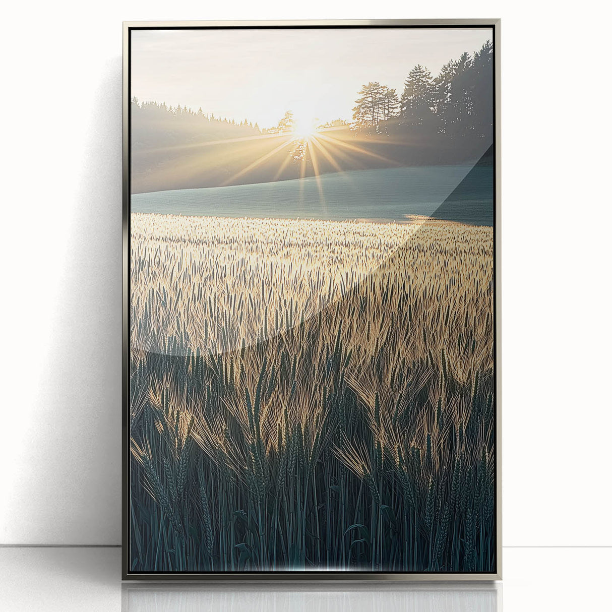 Framed acrylic artwork showcasing a serene landscape of vibrant green fields under a clear blue sky, emphasizing nature's beauty and tranquility. Perfect for home decor.
