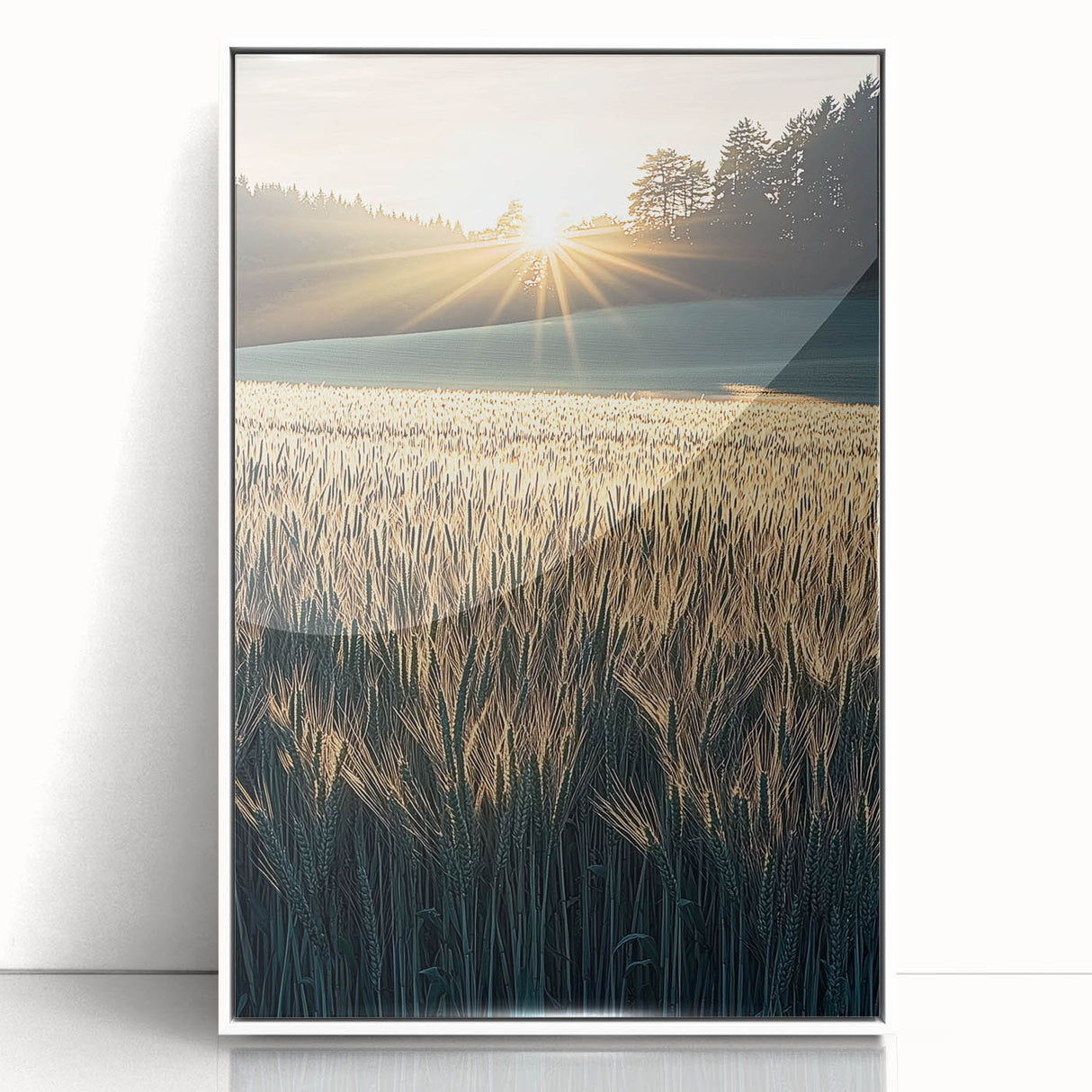 Framed acrylic landscape art showcasing vibrant green fields under a clear blue sky, designed for modern decor with a sleek white frame, perfect for home or office.