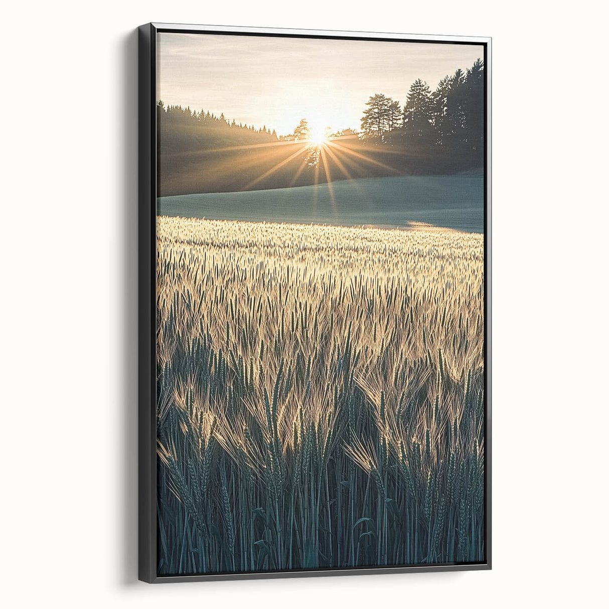 Framed canvas artwork showcasing vibrant landscapes of rolling fields in rich greens and yellows, with a sleek black frame enhancing its modern aesthetic. Perfect for home decor or office spaces, this piece adds a touch of nature's beauty to any setting.