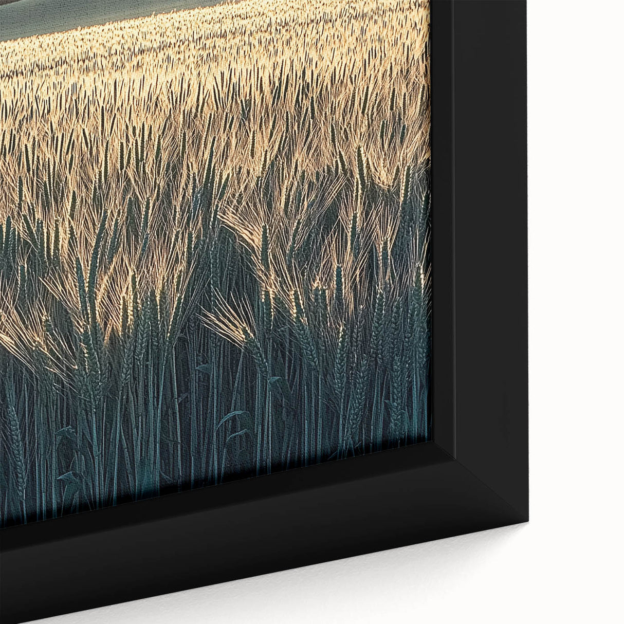 Close-up of a framed canvas depicting vibrant green landscapes with rolling fields under a bright blue sky, showcasing serene natural beauty and rich colors.