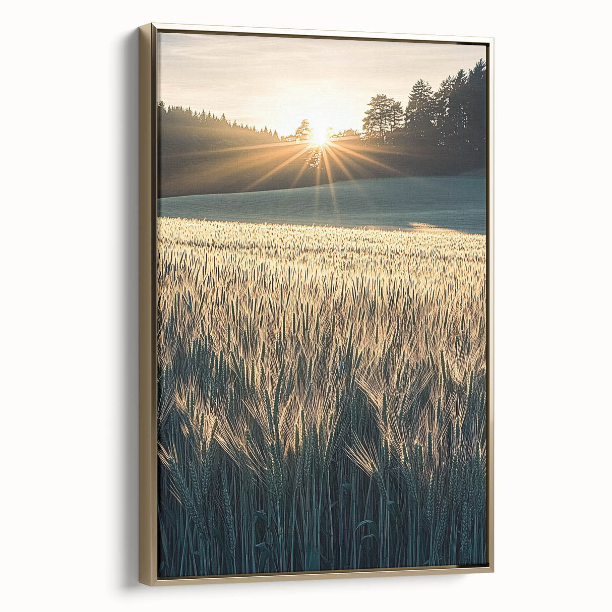 Framed canvas artwork showcasing a vibrant landscape featuring golden fields under a bright blue sky, designed to enhance any home decor with its rich colors and detailed texture.