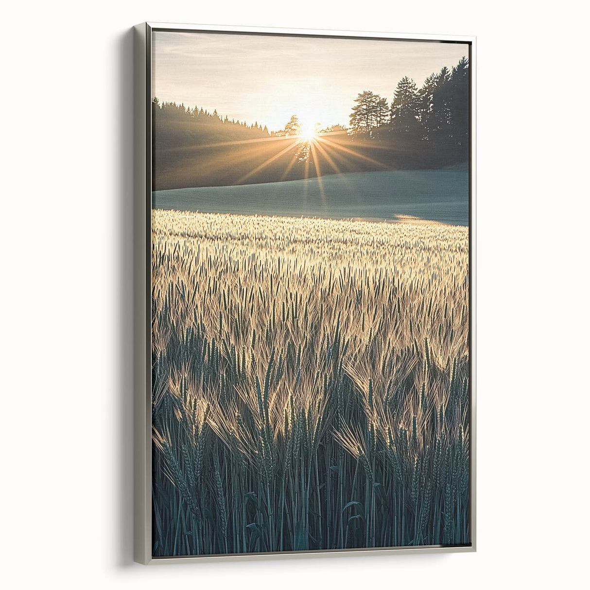 Framed canvas artwork depicting a serene landscape of rolling fields under a vibrant sky, showcasing a silver frame and elegant side view for home decor enhancement.