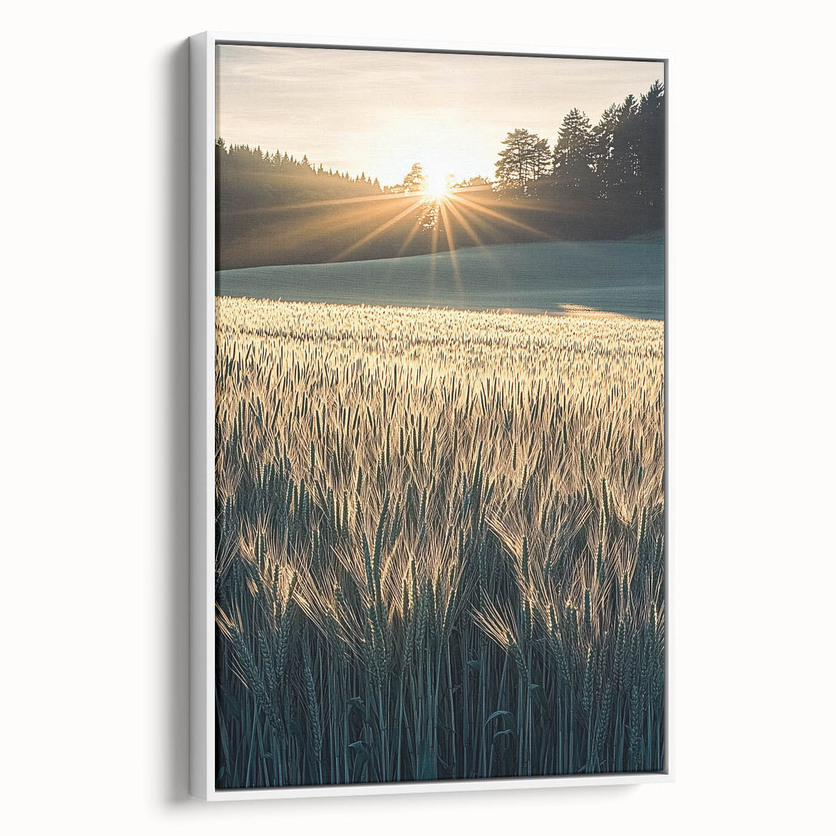 Framed canvas artwork showcasing a serene landscape with lush green fields under a blue sky, presented in a sleek white frame, ideal for enhancing home decor.