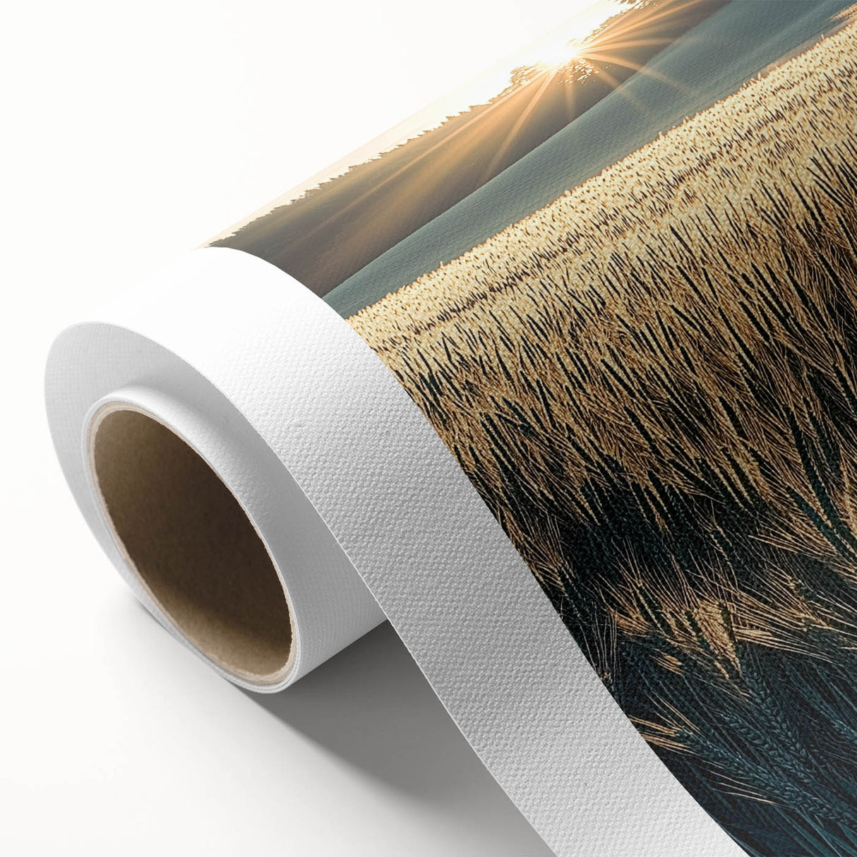 Vibrant rolled canvas depicting a serene landscape with rolling green fields under a clear blue sky, elegantly packaged in a protective cardboard tube for easy shipping and display.