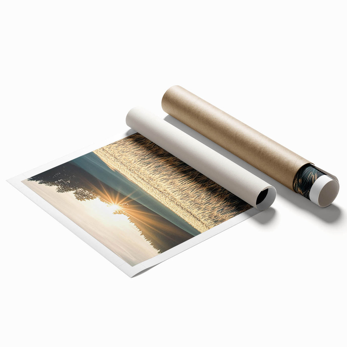 Stunning rolled print showcasing vibrant landscapes of rolling fields under a clear blue sky, designed for home decor, packaged securely in a protective tube.