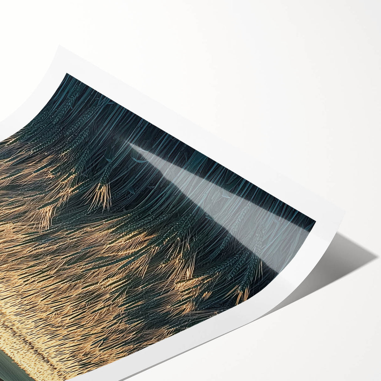 Vibrant rolled print showcasing a serene landscape of lush green fields under a clear blue sky, elegantly packaged in a protective cardboard tube for safe shipping.