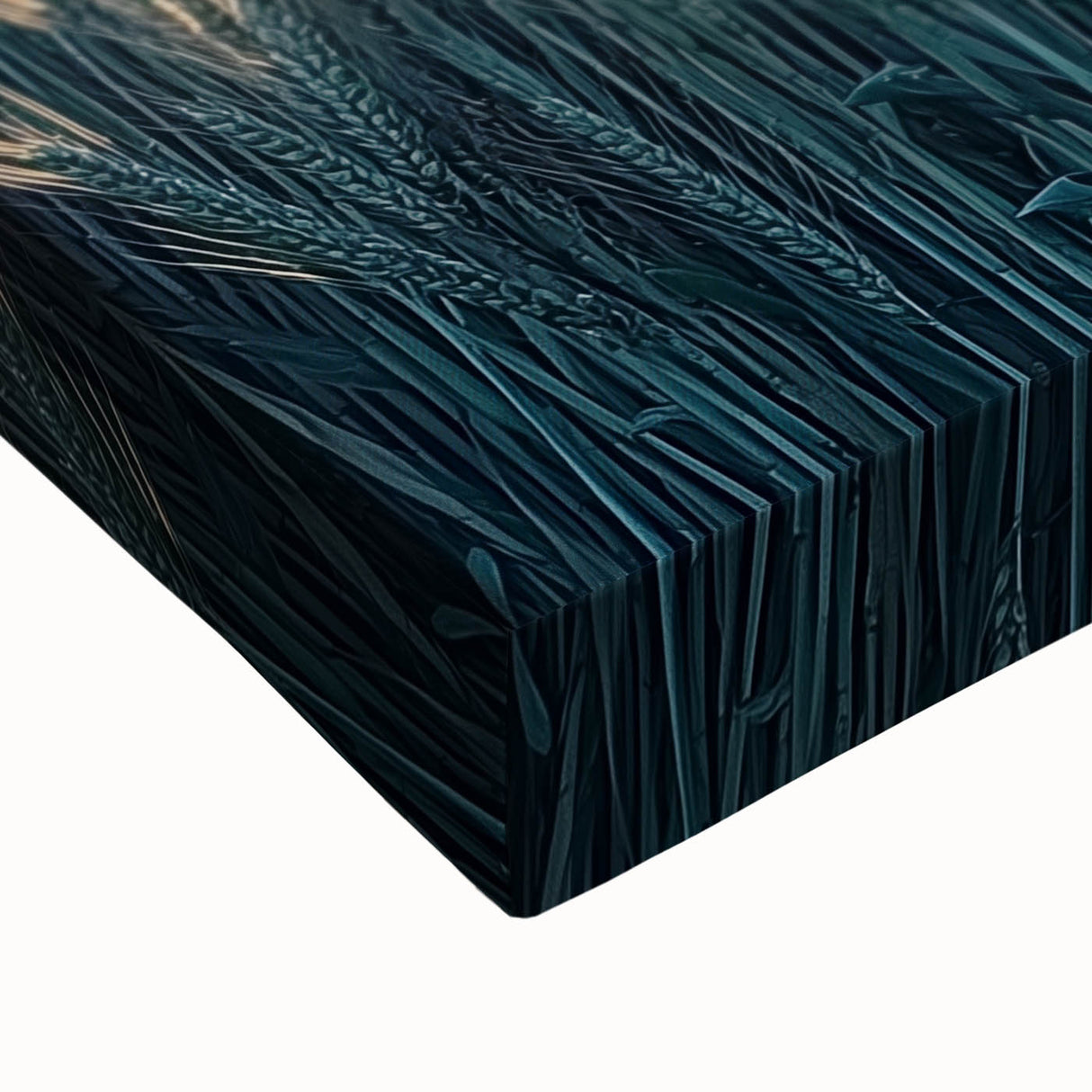 Close-up view of a vibrant stretched canvas depicting lush green fields and rolling landscapes, showcasing rich colors and intricate details, perfect for home decor.