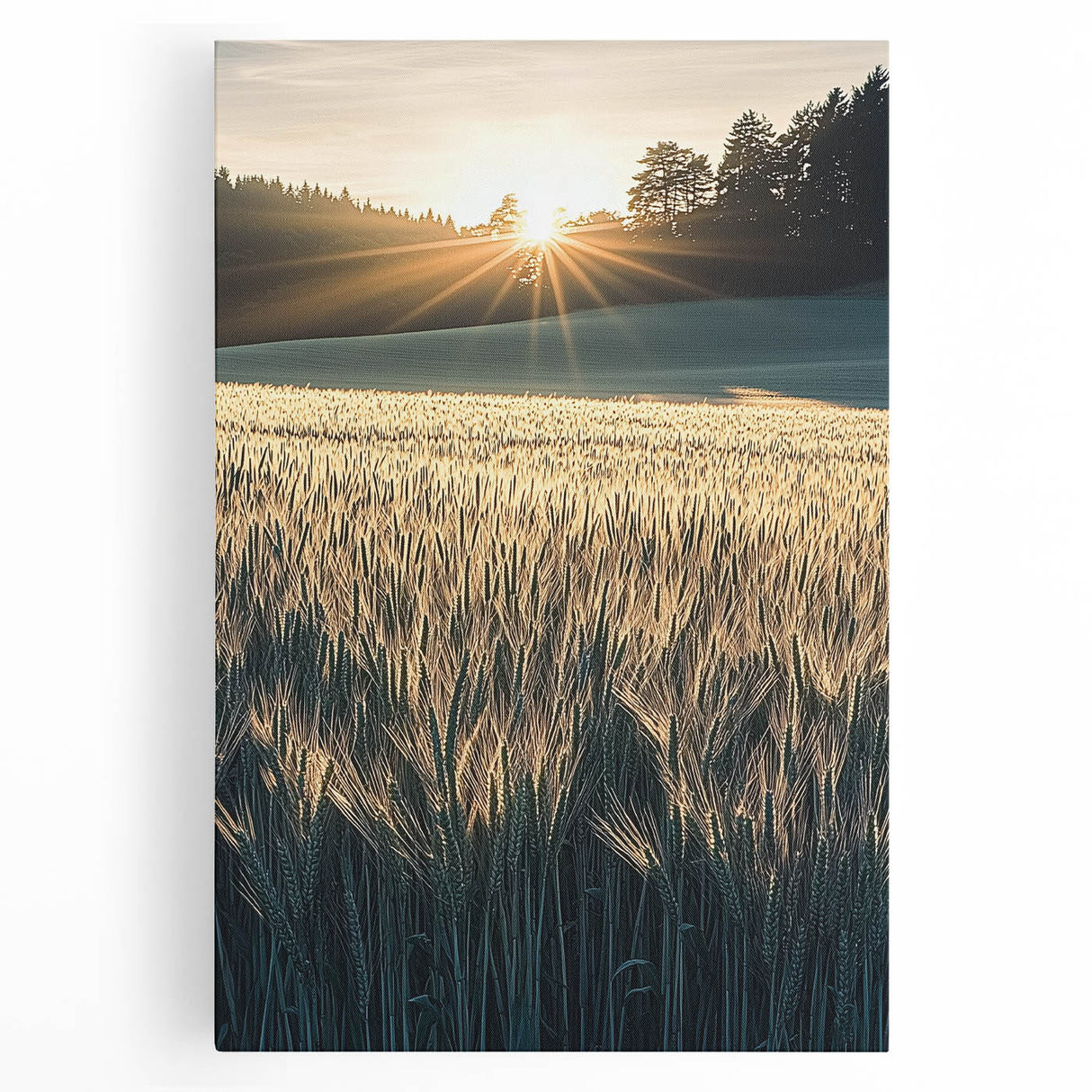 Vibrant stretched canvas artwork depicting a serene landscape with lush green fields under a clear blue sky, perfect for home decor or office ambiance.