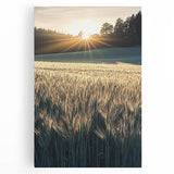 Vibrant stretched canvas artwork depicting a serene landscape with lush green fields under a clear blue sky, perfect for home decor or office ambiance.