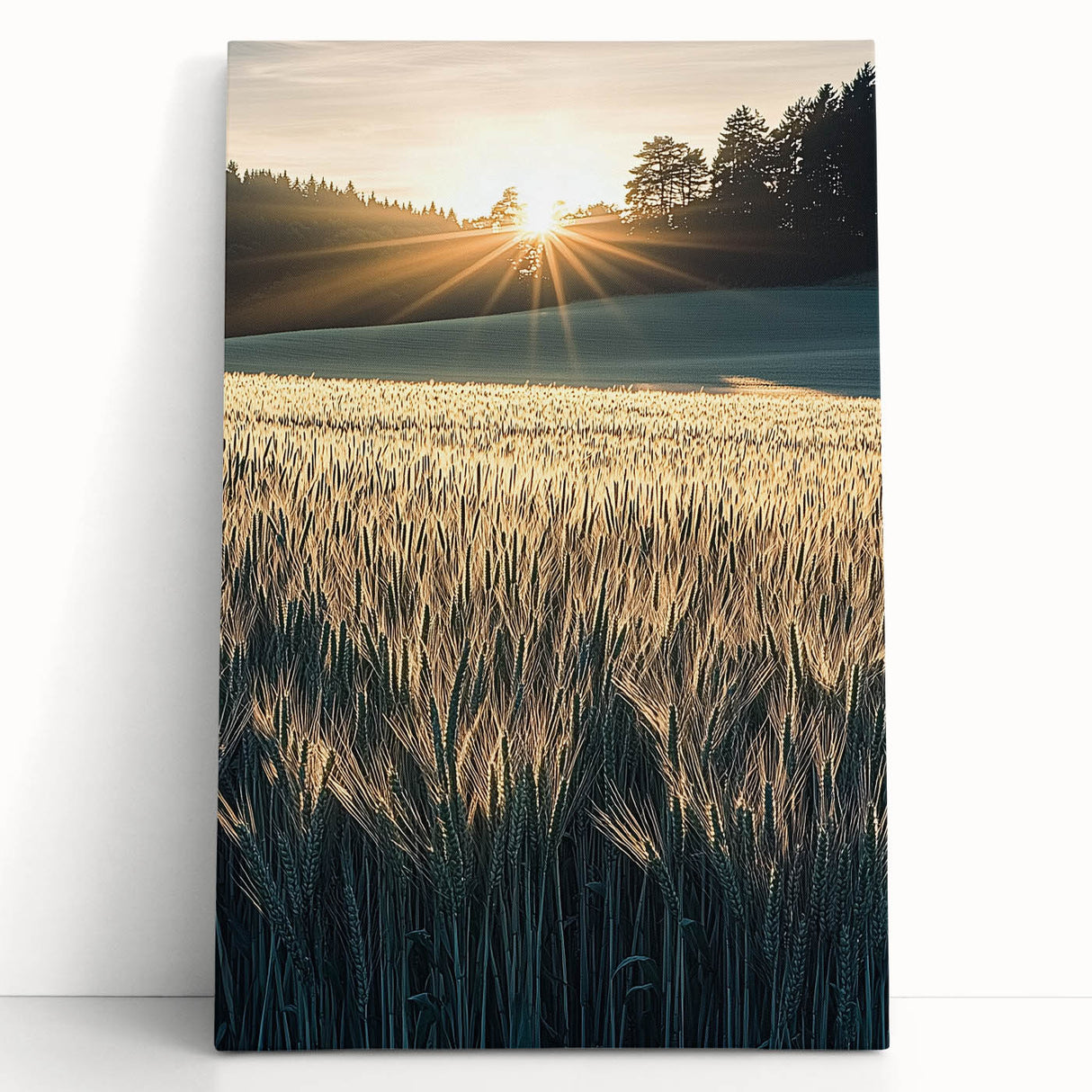Stretched canvas artwork depicting vibrant green fields under a bright blue sky, showcasing a serene landscape scene perfect for home decor or office ambiance.