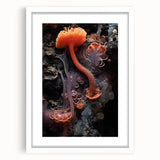 Abstract art print featuring swirls in muted earth tones on a white-framed canvas, suitable for dining room or bedroom decor.