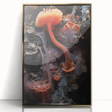 Large art print of natural elements in a mid-century modernist style, framed in gold acrylic, ideal for nursery wall decor.