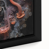 Close-up of extra large black wall art featuring colorful, textured abstract elements on a framed canvas.