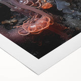 Art deco poster featuring geometric shapes in gold and black on rolled canvas, suitable for dining room decor.