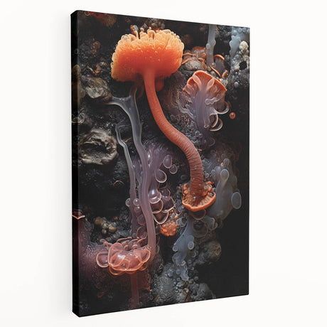 Close-up of a stretched canvas featuring natural design elements in earthy tones, suitable for kitchen wall art.