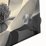 Large abstract floral print in vibrant colors on acrylic glass, ideal for dining room art in a mid-century modernist style.