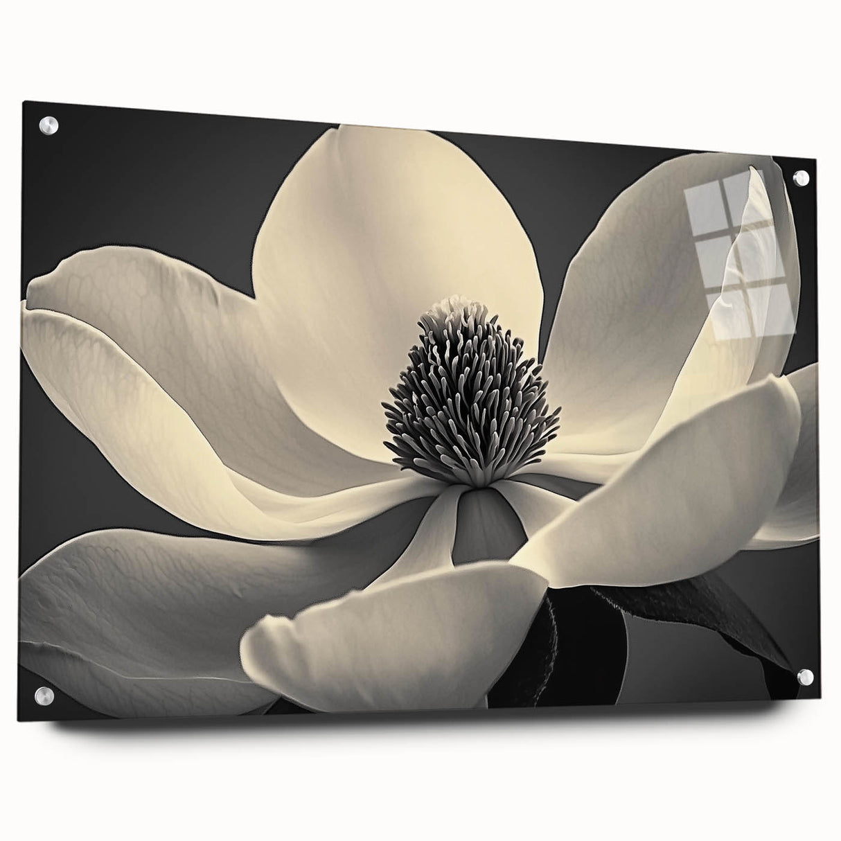 Large abstract floral design in vibrant colors on acrylic glass, suitable for bedroom or dining room decor.