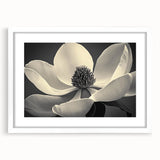 Abstract art print featuring close-up floral designs in soft pastel shades, framed in white, ideal for dining room decor.