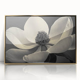 Mid-century modernist large art print of floral close-ups in a gold framed acrylic, featuring vibrant colors.