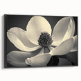 Black and white framed canvas featuring a close-up floral design, ideal for bedroom wall decor.
