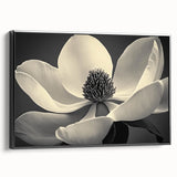 Black and white framed canvas featuring a close-up floral design, ideal for bedroom wall decor.