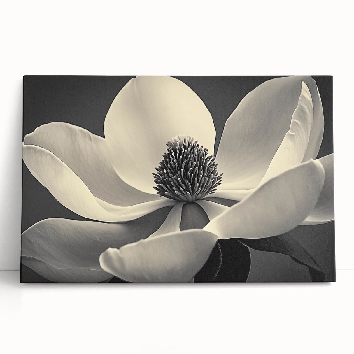Black and white floral photograph on stretched canvas, ideal for kitchen wall art or bedroom decor.