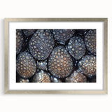 Textured abstract art print featuring close-up nature elements in muted greens and browns, framed in silver.