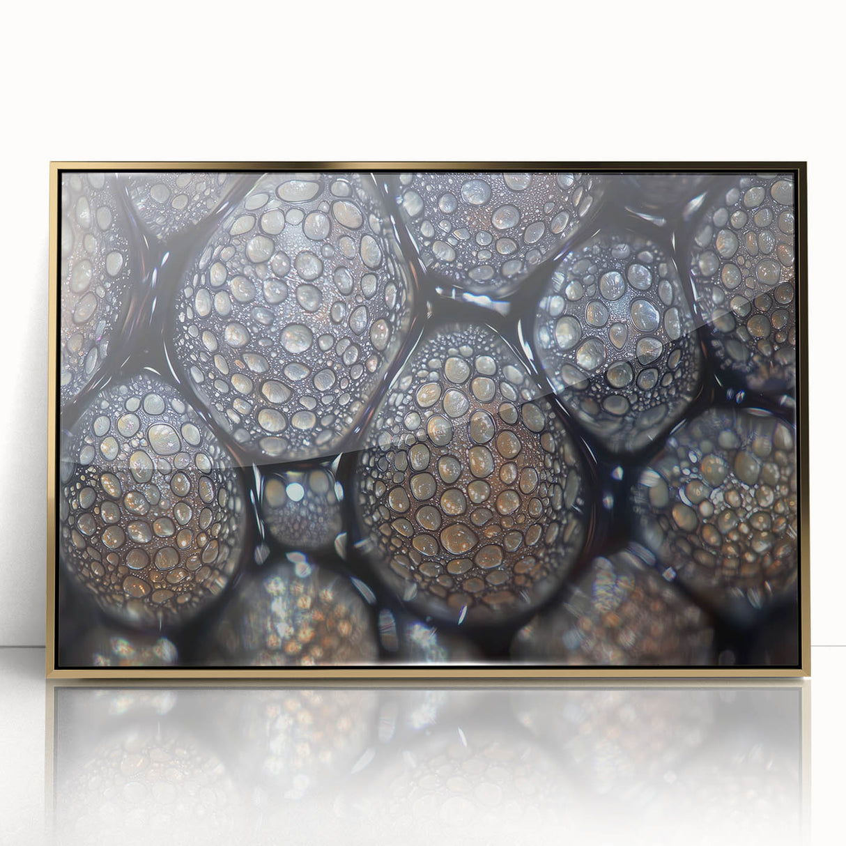 Framed acrylic print of close-up nature elements in muted green and brown, ideal for modern nursery decor.