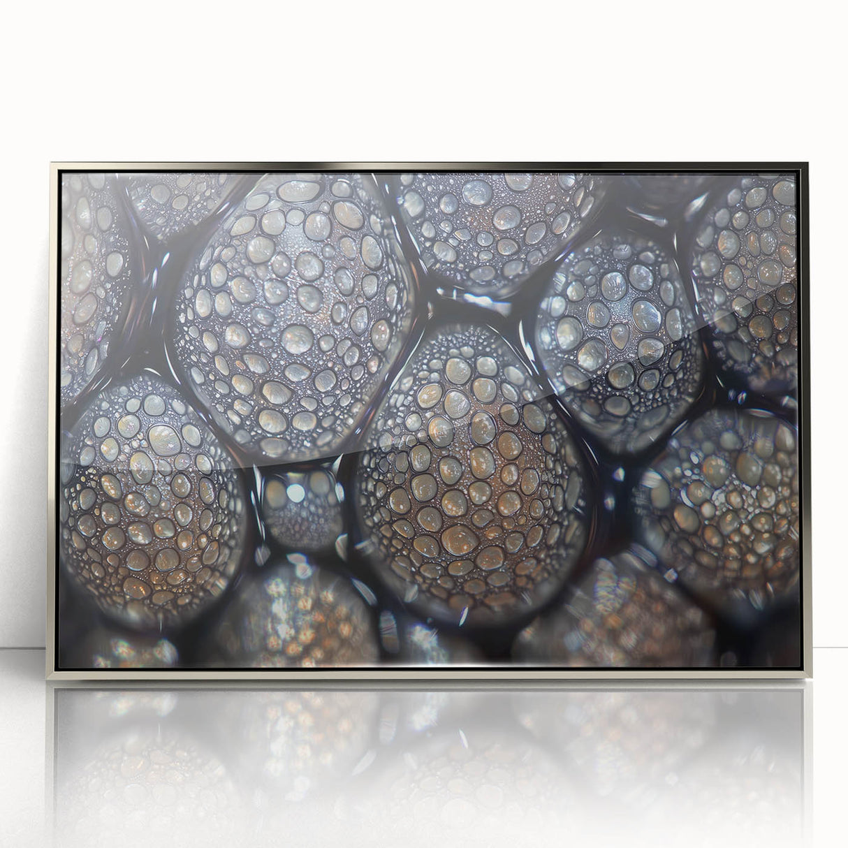 Mid-century modernist art featuring close-up nature elements in muted green tones, silver-framed acrylic.