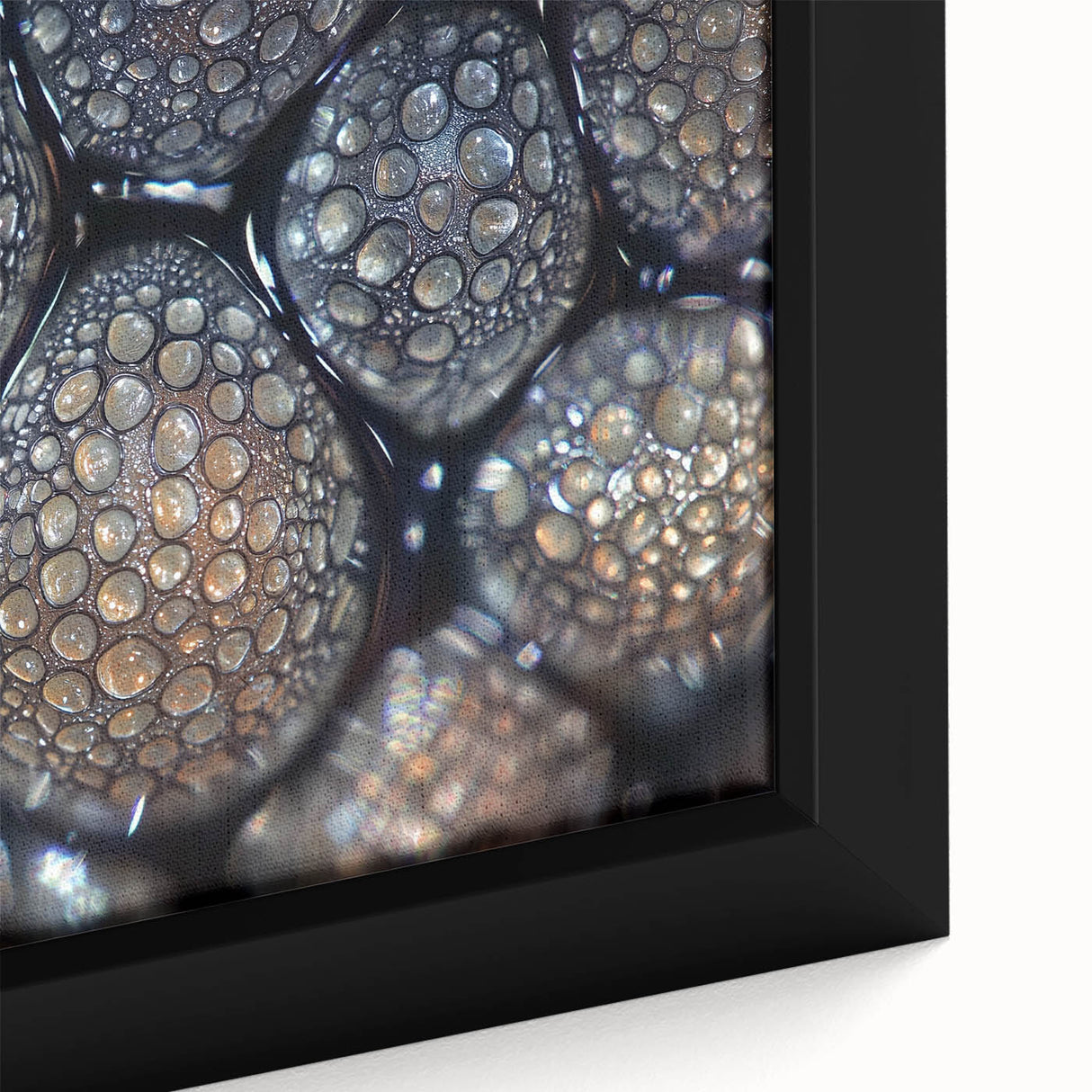 Extra large black wall art featuring a close-up of colorful, textured nature elements on framed canvas.